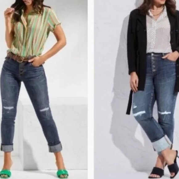 CAbi Straight Button-Fly Jeans Women's 8 Distressed Blue Dark Wash Denim #6068 - Picture 1 of 15